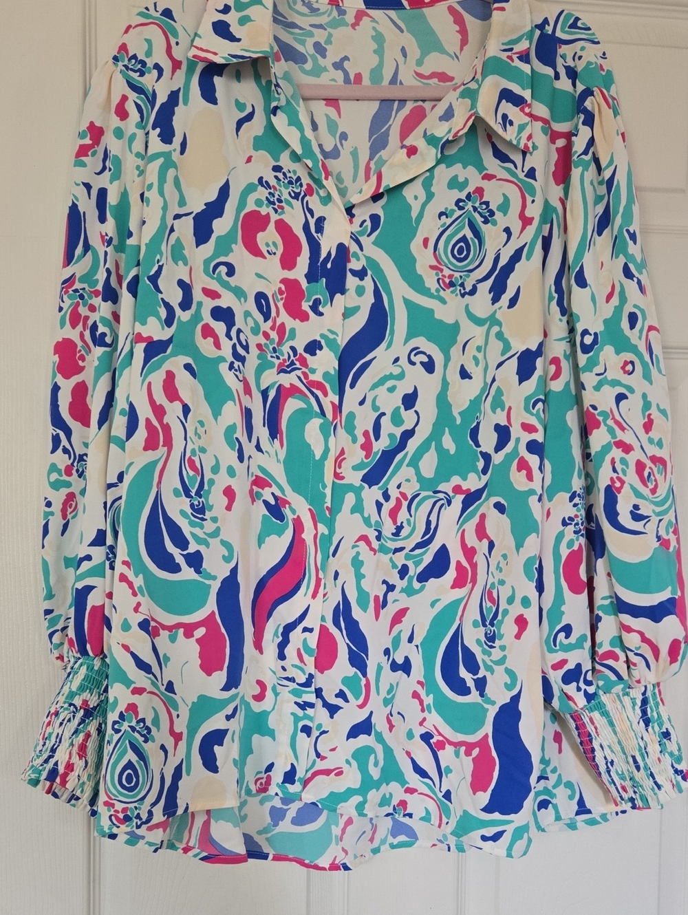 Printed Button-Front Blouse in Teal, Navy & Pink